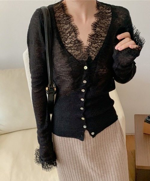 CLOTHY(クロシィ)の「【レースで魅せる、洗練フェミニン。】レースシアーカーデ(カーディガン/ボレロ・レディース・イエロー/グリーン/ブラック・FREE)」の5枚目の写真
