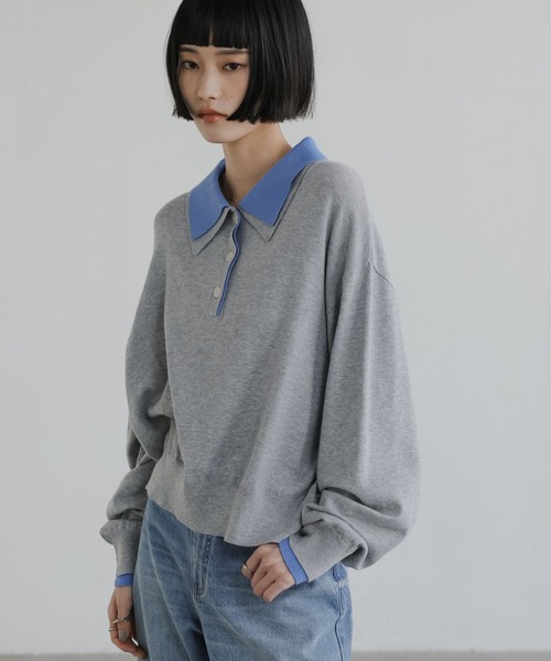 LOWRYS FARM（ローリーズファーム）の「バイカラーニットポロＬＳ 661937（ニット/セーター・レディース・アイボリー/グリーン/ネイビー/グレー・FREE）」の3枚目の写真