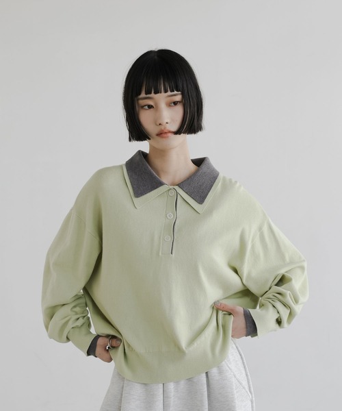 LOWRYS FARM（ローリーズファーム）の「バイカラーニットポロＬＳ 661937（ニット/セーター・レディース・アイボリー/グリーン/ネイビー/グレー・FREE）」の4枚目の写真