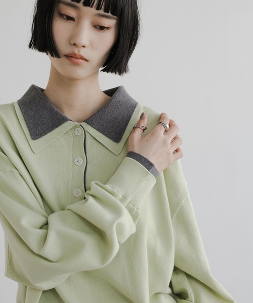 LOWRYS FARM（ローリーズファーム）の「バイカラーニットポロＬＳ 661937（ニット/セーター・レディース・アイボリー/グリーン/ネイビー/グレー・FREE）」の5枚目の写真