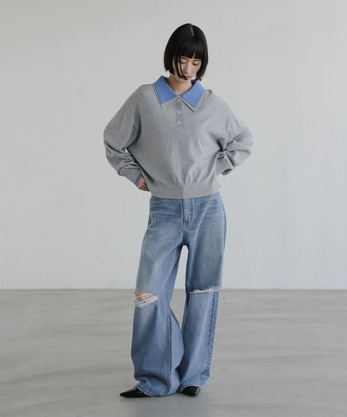 LOWRYS FARM（ローリーズファーム）の「バイカラーニットポロＬＳ 661937（ニット/セーター・レディース・アイボリー/グリーン/ネイビー/グレー・FREE）」の7枚目の写真