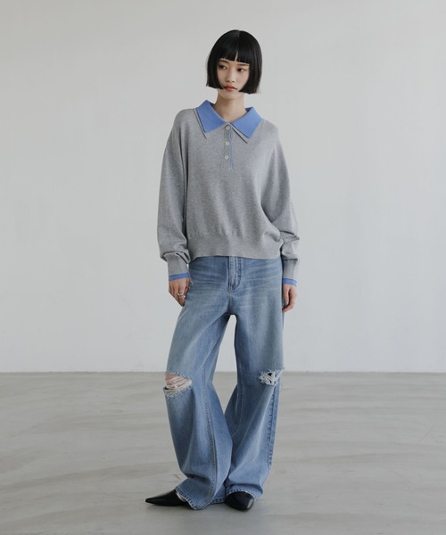 LOWRYS FARM（ローリーズファーム）の「バイカラーニットポロＬＳ 661937（ニット/セーター・レディース・アイボリー/グリーン/ネイビー/グレー・FREE）」の8枚目の写真