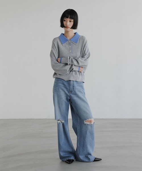 LOWRYS FARM（ローリーズファーム）の「バイカラーニットポロＬＳ 661937（ニット/セーター・レディース・アイボリー/グリーン/ネイビー/グレー・FREE）」の9枚目の写真