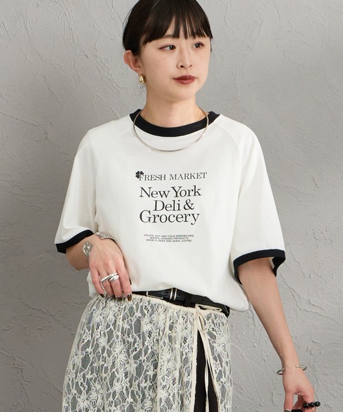 THE SHINZONE（ザ　シンゾーン）の「[THE SHINZONE/ザ シンゾーン] FRESH MARKET ロゴプリント リンガーＴシャツ（Tシャツ/カットソー・レディース・グレー/ホワイト/ネイビー・0）」の2枚目の写真