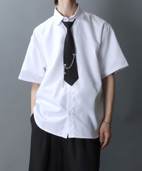 SITRY(シトリー)の「Dress Shirt with Tie/2WAY オーバーサイズ ネクタイ付き チェーン付き 半袖シャツ ドレスシャツ(シャツ/ブラウス・メンズ・ホワイト/ブラック・M/L)」の16枚目の写真