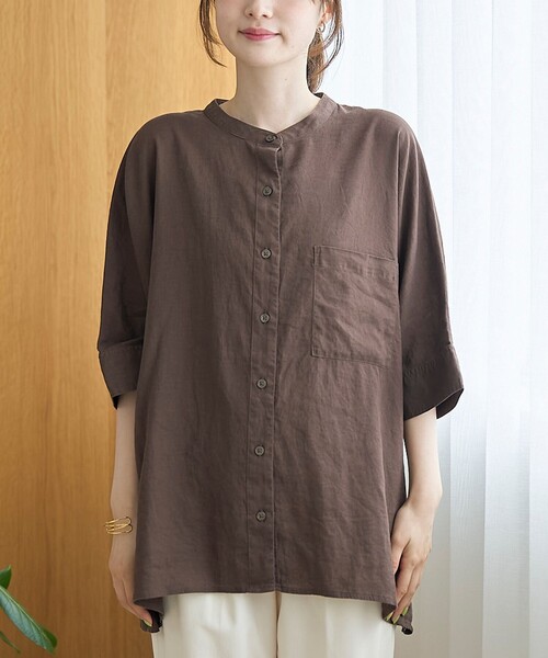 coen(コーエン)の「【接触冷感】リネンレーヨンドルマンバンドカラーシャツ(シャツ/ブラウス・レディース・ダークブラウン/オフホワイト/ロイヤルブルー/その他1・FREE)」の7枚目の写真