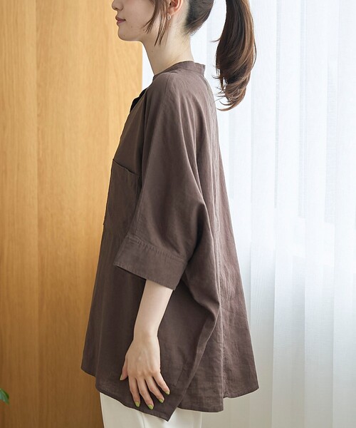 coen(コーエン)の「【接触冷感】リネンレーヨンドルマンバンドカラーシャツ(シャツ/ブラウス・レディース・ダークブラウン/オフホワイト/ロイヤルブルー/その他1・FREE)」の6枚目の写真