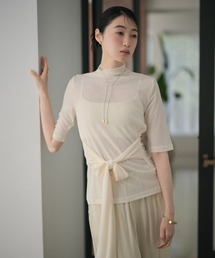 half sleeve waist tie sheer high neck tops / ウエストリボン5分袖ハイネックシアートップス