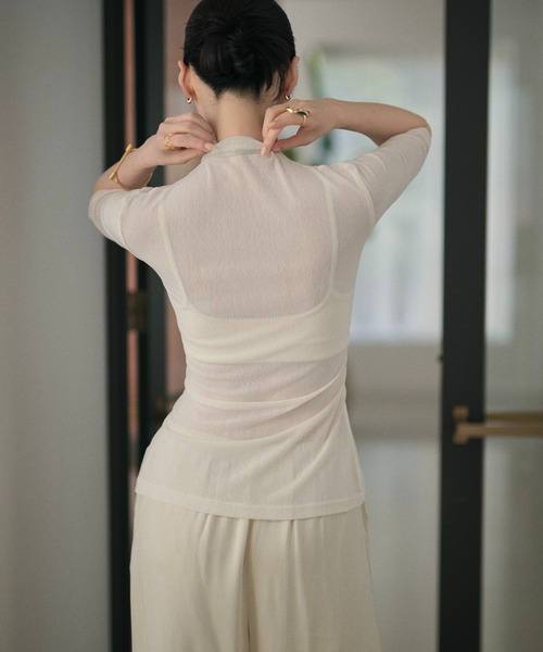 LAULEN(ローレン)の「half sleeve waist tie sheer high neck tops / ウエストリボン5分袖ハイネックシアートップス(Tシャツ/カットソー・レディース・グレー/アイボリー/ブラック・FREE)」の7枚目の写真