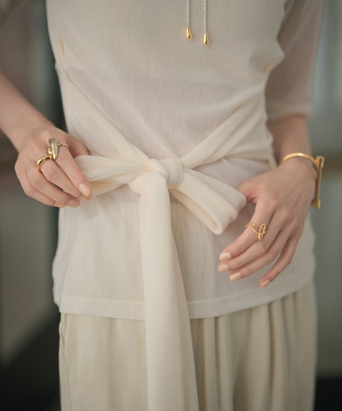 LAULEN(ローレン)の「half sleeve waist tie sheer high neck tops / ウエストリボン5分袖ハイネックシアートップス(Tシャツ/カットソー・レディース・グレー/アイボリー/ブラック・FREE)」の15枚目の写真