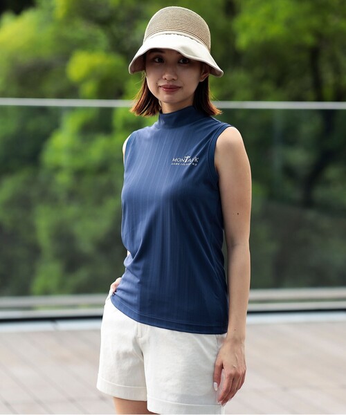 BEAMS GOLF(ビームスゴルフ)の「PURPLE LABEL / MONTAUK リボン モックネック シャツ(吸水速乾、UVカット)(スウェット・レディース・ホワイト/ネイビー/ピンク・LARGE/SMALL/MEDIUM)」の2枚目の写真