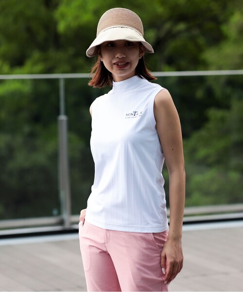 BEAMS GOLF(ビームスゴルフ)の「PURPLE LABEL / MONTAUK リボン モックネック シャツ(吸水速乾、UVカット)(スウェット・レディース・ホワイト/ネイビー/ピンク・LARGE/SMALL/MEDIUM)」の1枚目の写真