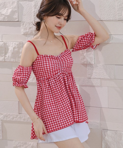 TeddyShop(テディショップ)の「【2WAY/ストラップ・袖取り外し可/ビキニ2点セット】ギンガムチェック柄ギャザーバックリボンキャミキニ レディース水着(水着・レディース・ブルー系その他/ブラウン/レッド系その他/ブラック・S/M/L)」の7枚目の写真