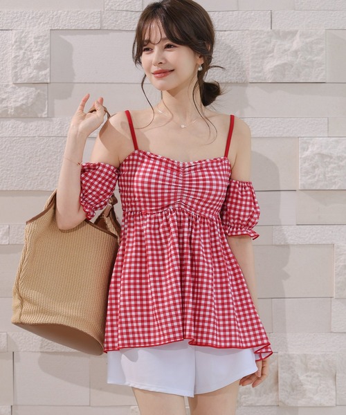 TeddyShop(テディショップ)の「【2WAY/ストラップ・袖取り外し可/ビキニ2点セット】ギンガムチェック柄ギャザーバックリボンキャミキニ レディース水着(水着・レディース・ブルー系その他/ブラウン/レッド系その他/ブラック・S/M/L)」の8枚目の写真