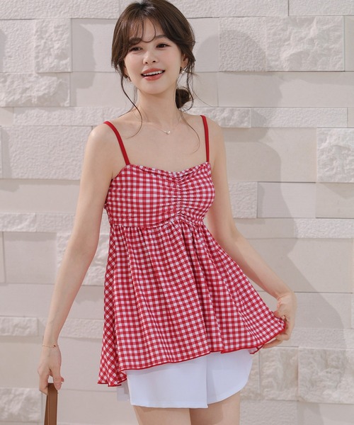 TeddyShop(テディショップ)の「【2WAY/ストラップ・袖取り外し可/ビキニ2点セット】ギンガムチェック柄ギャザーバックリボンキャミキニ レディース水着(水着・レディース・ブルー系その他/ブラウン/レッド系その他/ブラック・S/M/L)」の10枚目の写真