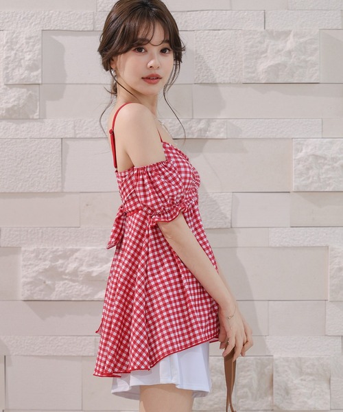 TeddyShop(テディショップ)の「【2WAY/ストラップ・袖取り外し可/ビキニ2点セット】ギンガムチェック柄ギャザーバックリボンキャミキニ レディース水着(水着・レディース・ブルー系その他/ブラウン/レッド系その他/ブラック・S/M/L)」の12枚目の写真