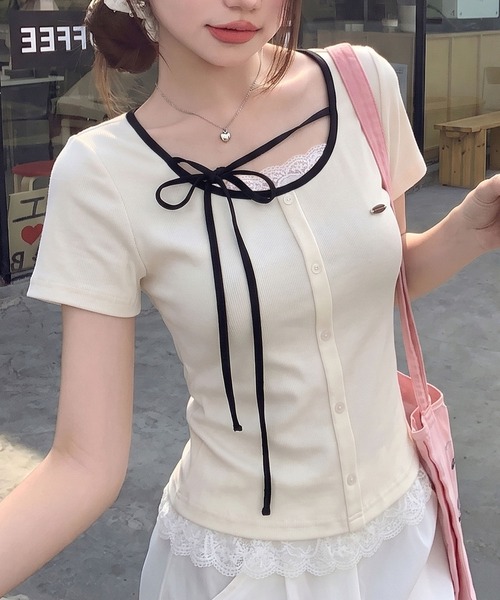 SpRay(スプレイ)の「配色胸リボントップス(Tシャツ/カットソー・レディース・グレー/ブラック/サックスブルー/オフホワイト・FREE)」の1枚目の写真