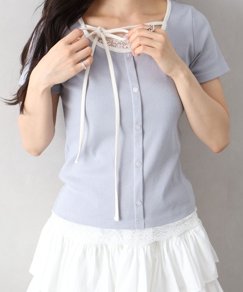 SpRay(スプレイ)の「配色胸リボントップス(Tシャツ/カットソー・レディース・グレー/ブラック/サックスブルー/オフホワイト・FREE)」の7枚目の写真