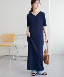 リブピコレースヘンリーカット半袖ワンピース