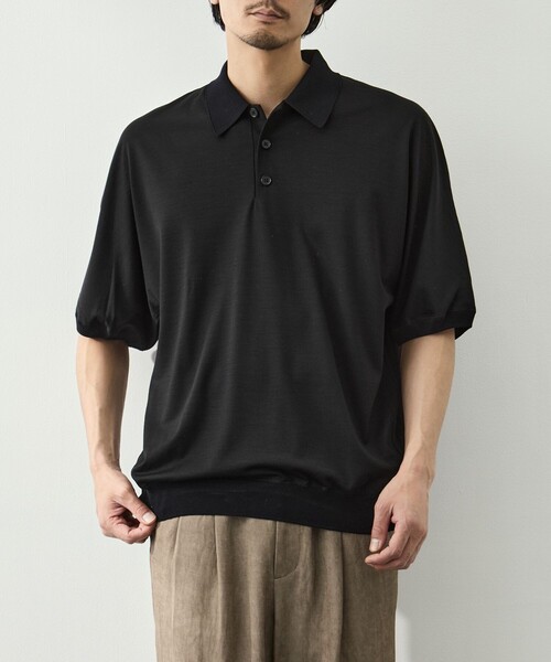 GOOD PEOPLE GOOD STITCHING GOOD PRODUCT(グッドピープルグッドスティッチンググッドプロダクト)の「【GOOD PEOPLE GOOD STITCHING GOOD PRODUCT/グッドピープルグッドスティッチンググッドプロダクト】Knit Reduced Collar Half Sleeve Polo(ポロシャツ・メンズ・ブラック/ダークグレー・S/M/L)」の1枚目の写真