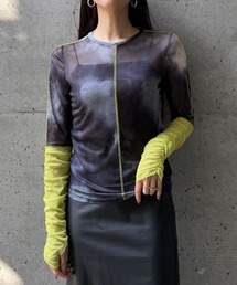 CONTRAST CUFF PRINTED TULLE TOP(コントラストカフスプリントチュールトップス)