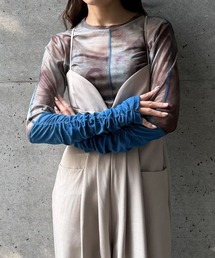 CIEL'AIR | CONTRAST CUFF PRINTED TULLE TOP（ｺﾝﾄﾗｽﾄｶﾌｽﾌﾟﾘﾝﾄﾁｭｰﾙﾄｯﾌﾟｽ）(Tシャツ/カットソー)