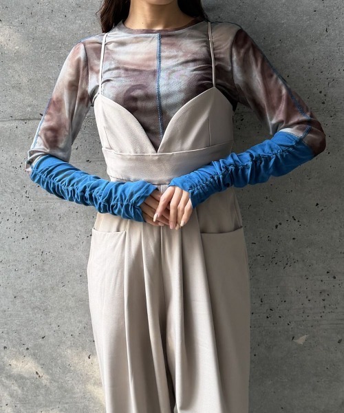 CIEL'AIR(シエルエアー)の「CONTRAST CUFF PRINTED TULLE TOP(コントラストカフスプリントチュールトップス)(Tシャツ/カットソー・レディース・ブラック/モカ・FREE)」の3枚目の写真