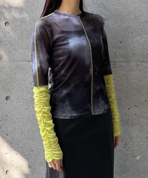 CIEL'AIR(シエルエアー)の「CONTRAST CUFF PRINTED TULLE TOP(コントラストカフスプリントチュールトップス)(Tシャツ/カットソー・レディース・ブラック/モカ・FREE)」の20枚目の写真