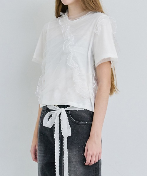 LE CIEL BLEU(ルシェルブルー)の「チュールラッフルディテールTシャツ / Tulle Ruffle Detail T-Shirt(Tシャツ/カットソー・レディース・ブラック/オフホワイト・36)」の22枚目の写真