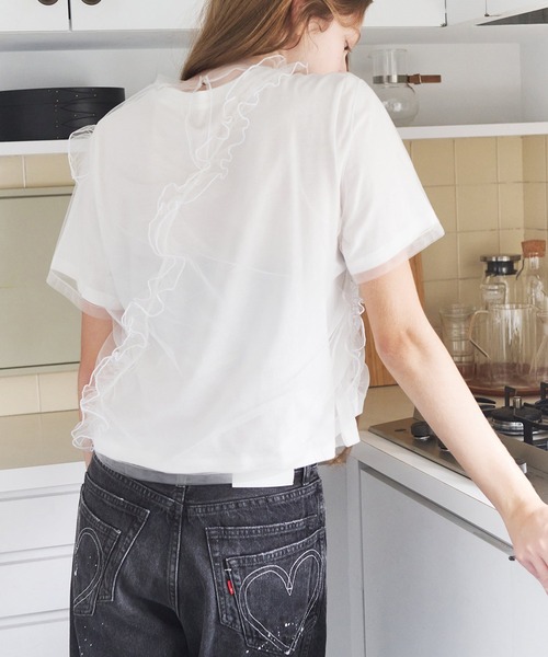 LE CIEL BLEU(ルシェルブルー)の「チュールラッフルディテールTシャツ / Tulle Ruffle Detail T-Shirt(Tシャツ/カットソー・レディース・ブラック/オフホワイト・36)」の19枚目の写真