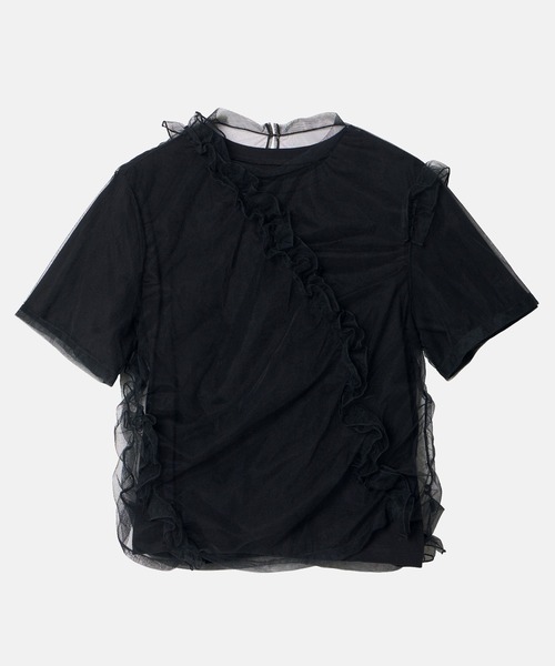 LE CIEL BLEU(ルシェルブルー)の「チュールラッフルディテールTシャツ / Tulle Ruffle Detail T-Shirt(Tシャツ/カットソー・レディース・ブラック/オフホワイト・36)」の5枚目の写真
