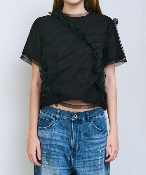 LE CIEL BLEU(ルシェルブルー)の「チュールラッフルディテールTシャツ / Tulle Ruffle Detail T-Shirt(Tシャツ/カットソー・レディース・ブラック/オフホワイト・36)」の8枚目の写真