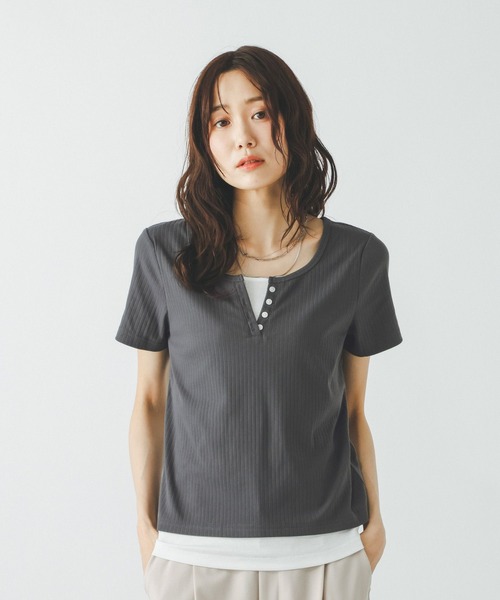 GLOBAL WORK(グローバルワーク)の「フェイクレイヤードヘンリープルオーバー/802017(Tシャツ/カットソー・レディース・チャコールグレー/サックスブルー系3/アイボリー・MEDIUM/LARGE)」の6枚目の写真