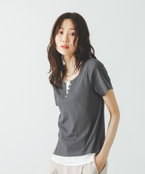 GLOBAL WORK(グローバルワーク)の「フェイクレイヤードヘンリープルオーバー/802017(Tシャツ/カットソー・レディース・チャコールグレー/サックスブルー系3/アイボリー・MEDIUM/LARGE)」の7枚目の写真