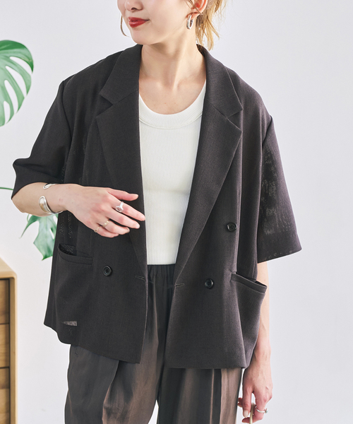 Spick & Span（スピックアンドスパン）の「カラミダブルブレストショートジャケット（その他アウター・レディース・アイボリー/チャコールグレー・FREE）」の4枚目の写真