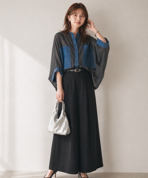 Lateru(ラテル)の「デニムポケット切替 シアー半袖シャツ 体型カバー(Tシャツ/カットソー・レディース・ブラック/ブラウン/ブルー・FREE)」の3枚目の写真