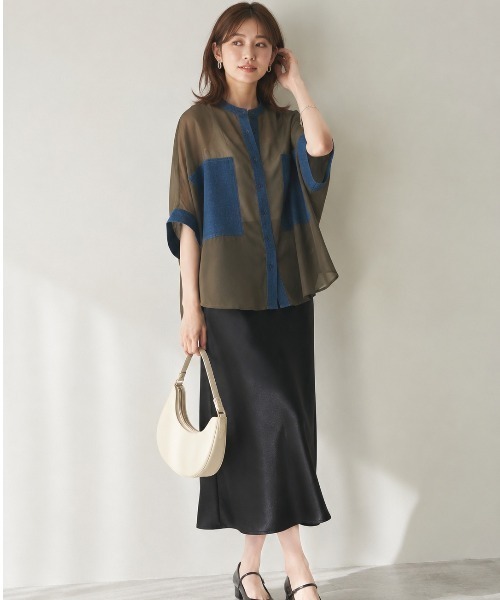 Lateru(ラテル)の「デニムポケット切替 シアー半袖シャツ 体型カバー(Tシャツ/カットソー・レディース・ブラック/ブラウン/ブルー・FREE)」の5枚目の写真