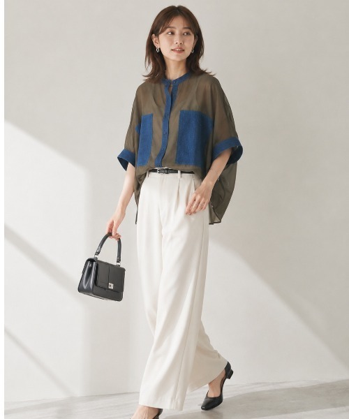 Lateru(ラテル)の「デニムポケット切替 シアー半袖シャツ 体型カバー(Tシャツ/カットソー・レディース・ブラック/ブラウン/ブルー・FREE)」の7枚目の写真