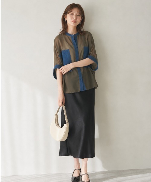 Lateru(ラテル)の「デニムポケット切替 シアー半袖シャツ 体型カバー(Tシャツ/カットソー・レディース・ブラック/ブラウン/ブルー・FREE)」の8枚目の写真