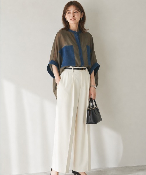 Lateru(ラテル)の「デニムポケット切替 シアー半袖シャツ 体型カバー(Tシャツ/カットソー・レディース・ブラック/ブラウン/ブルー・FREE)」の10枚目の写真