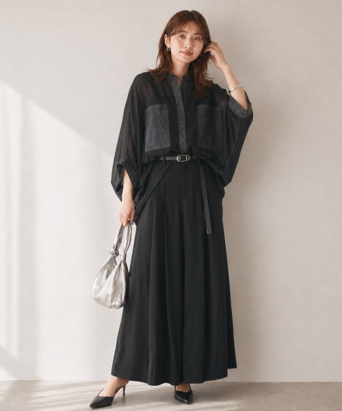 Lateru(ラテル)の「デニムポケット切替 シアー半袖シャツ 体型カバー(Tシャツ/カットソー・レディース・ブラック/ブラウン/ブルー・FREE)」の14枚目の写真