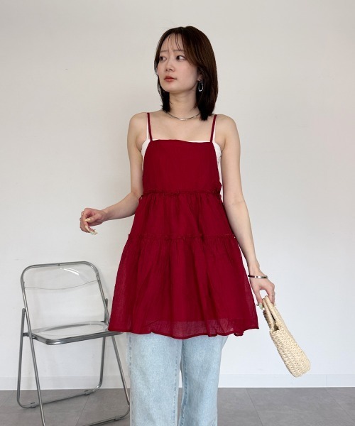 mellomela.（メロメラ）の「サイドリボンキャミチュニック（Tシャツ/カットソー・レディース・レッド/オフホワイト・FREE）」の7枚目の写真