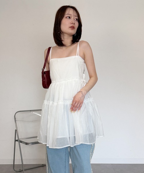 mellomela.（メロメラ）の「サイドリボンキャミチュニック（Tシャツ/カットソー・レディース・レッド/オフホワイト・FREE）」の4枚目の写真