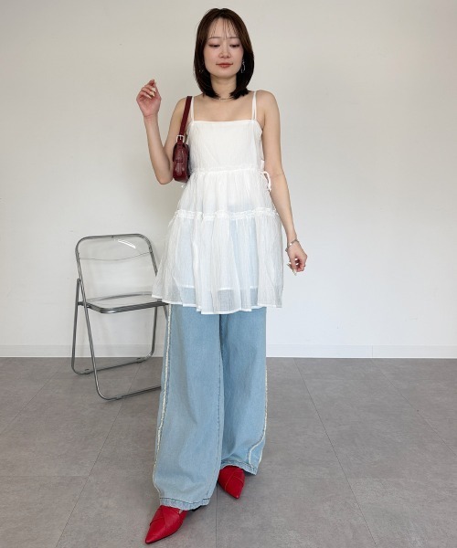 mellomela.（メロメラ）の「サイドリボンキャミチュニック（Tシャツ/カットソー・レディース・レッド/オフホワイト・FREE）」の10枚目の写真