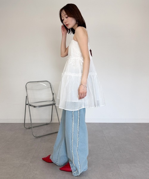 mellomela.（メロメラ）の「サイドリボンキャミチュニック（Tシャツ/カットソー・レディース・レッド/オフホワイト・FREE）」の11枚目の写真