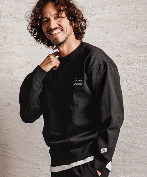 1minute 1second（ワンミニットワンセカンド）の「mn3266-cursive embroidery washable long sleeve knit ウォッシャブルニット(1M26A180)（ニット/セーター・メンズ・ブラック/チャコール・L/XL/S/M）」の14枚目の写真