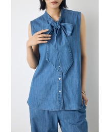 AZUL by moussy | 【セットアップ対応】【身長/骨格別着用画像あり】ライトオンスデニムノースリーブタイブラウス ボウタイ リボン　春服　夏服　秋服(シャツ/ブラウス)