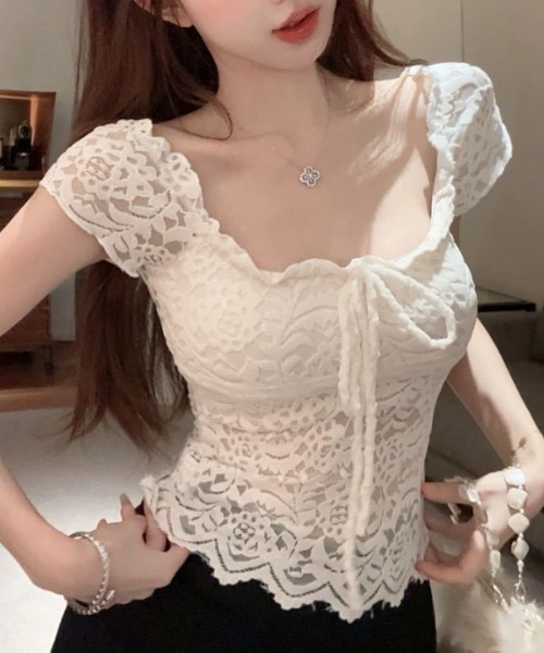 Ritzy(リッツィー)の「2wayオフショルダー フロントリボン 総レース トップス(Tシャツ/カットソー・レディース・ブラック/ホワイト・FREE)」の9枚目の写真