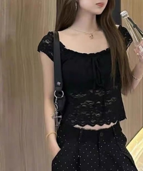Ritzy(リッツィー)の「2wayオフショルダー フロントリボン 総レース トップス(Tシャツ/カットソー・レディース・ブラック/ホワイト・FREE)」の6枚目の写真