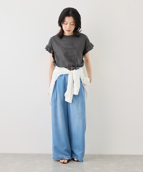 ROPE' PICNIC（ロペピクニック）の「フリルスリーブロゴTシャツ/接触冷感・汗染み防止（Tシャツ/カットソー・レディース・チャコールグレー/クリーム/オフホワイト・FREE）」の7枚目の写真